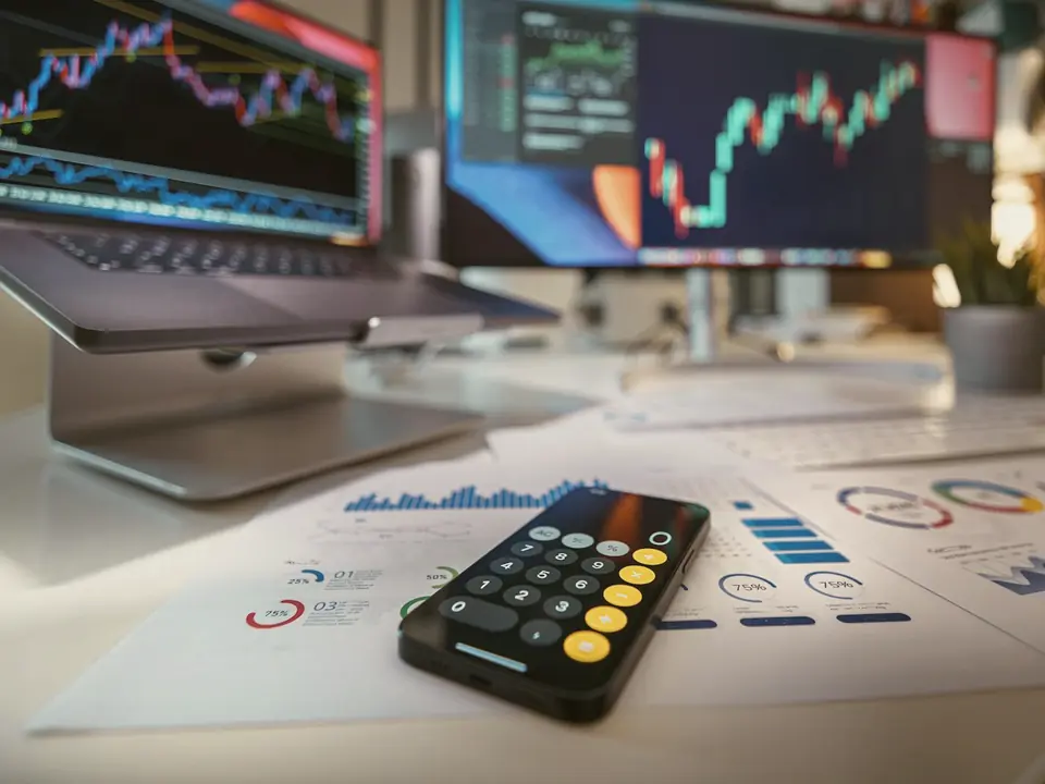 Market charts on screens with a calculator on a desk