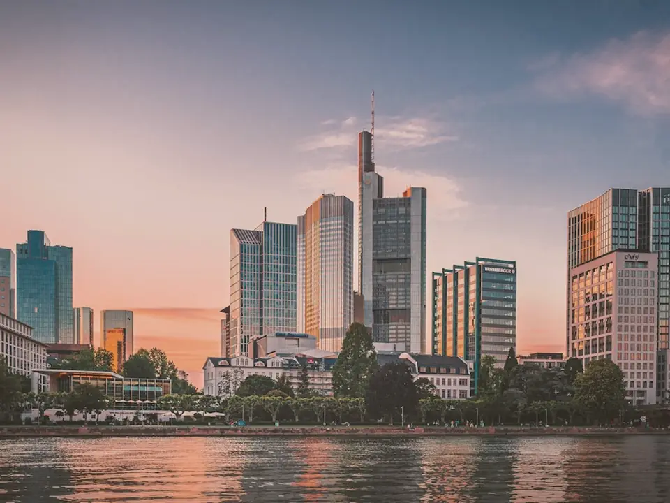 Frankfurt banking district skyline at sunset