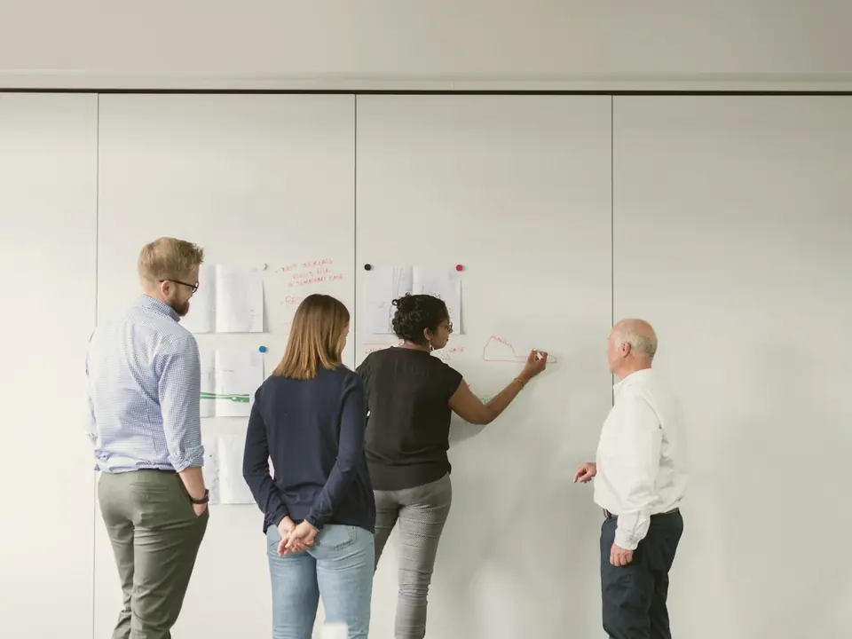 A team planning together at a whiteboard