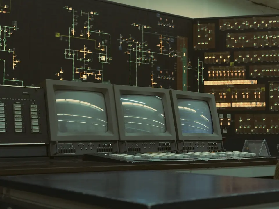 An old computer control room with rows of monitors